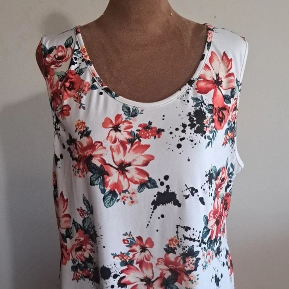 B15 Minette Red And White Foral Print Pullover Midi Dress Size 3X Stretch - Picture 2 of 9